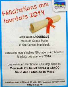 juillet 2014 - Flicitations aux laurats des examens - Ile de la Runion