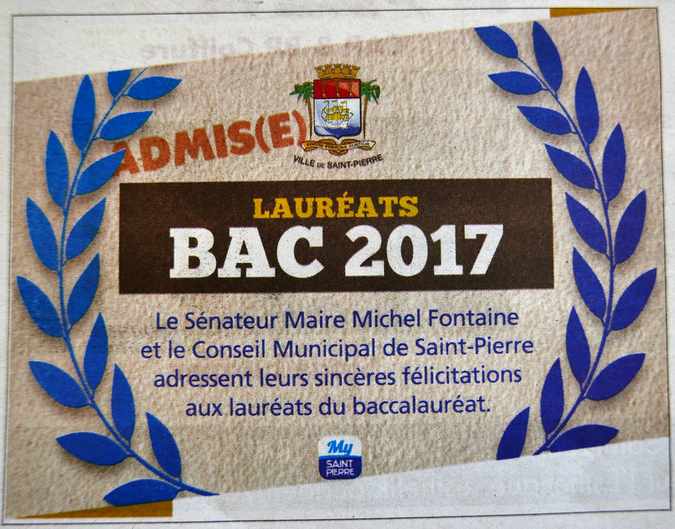 6 juillet 2017 - Presse locale - Encart de flicitations - St-Pierre