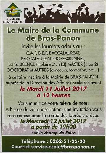 6 juillet 2017 - Presse locale - Encart de félicitations - Bras-Panon