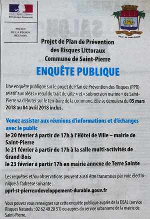 20 février 2018 - St-Pierre - Projet de plan de prévention des risques littoraux - Réunion informations et échanges avant enquête publique - DEAL- BRGM  - Avis presse