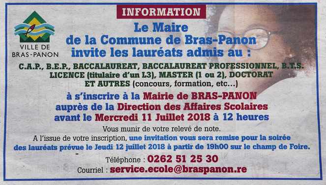 7 juillet 2018 - Presse locale Ile de la Réunion - Encart de félicitations aux lauréats du Bac - Bras Panon