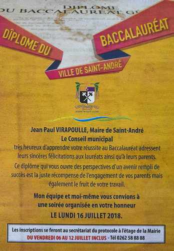7 juillet 2018 - Presse locale Ile de la Réunion - Encart de félicitations aux lauréats du Bac - St-André