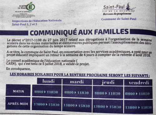7 juillet 2018 - Presse locale Ile de la Réunion - Horaires des écoles de St-Paul - Rectificatif