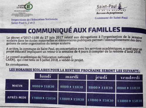 7 juillet 2018 - Presse locale Ile de la Runion - Horaires des coles de St-Paul - Rectificatif