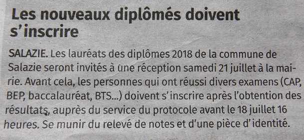 7 juillet 2018 - Presse locale Ile de la Réunion -Salazie - Réception des diplômés