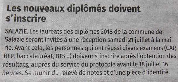 7 juillet 2018 - Presse locale Ile de la Runion -Salazie - Rception des diplms