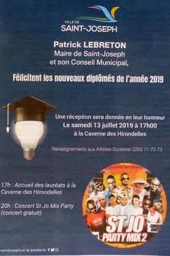 7 juillet 2019 - Presse locale de la Réunion - Encart de félicitations aux nouveaux bacheliers - Mairie de St-Joseph