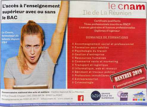 7 juillet 2019 - Presse locale de la Runion - Encart pour les nouveaux bacheliers -  Pub du CNAM