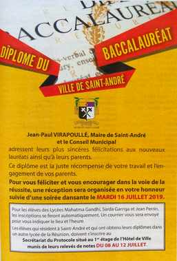 7 juillet 2019 - Presse locale de la Réunion - Encart de félicitations aux nouveaux bacheliers - Mairie de St-André