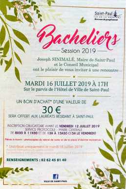 7 juillet 2019 - Presse locale de la Réunion - Encart de félicitations aux nouveaux bacheliers - Mairie de St- Paul - Bon d'achat de 30 €