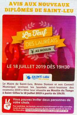 7 juillet 2019 - Presse locale de la Réunion - Encart de félicitations aux nouveaux bacheliers - Mairie de St-Leu