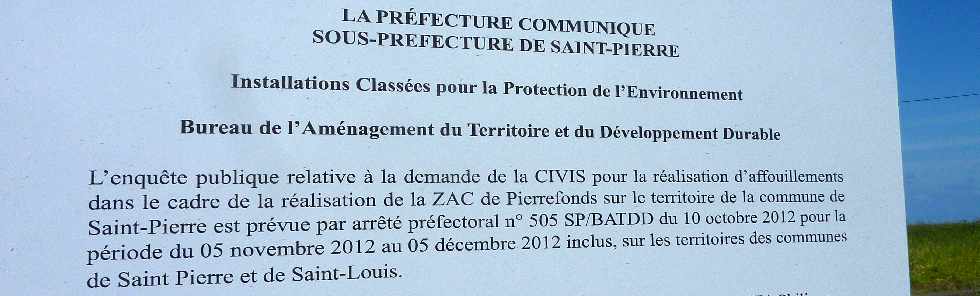 St-Pierre - Enquête publique - Affouillements ZAC de Pierrefonds