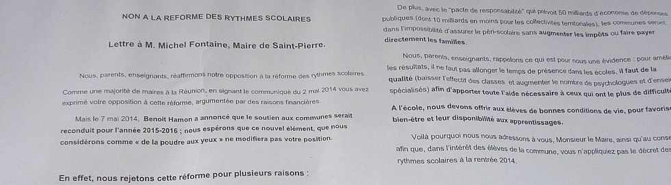 8 juin 2014 - St-Pierre -  Lettre au maire contre la réforme des rythmes scolaires