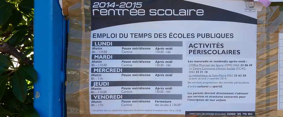 31 août 2014 - St-Pierre - St-Pierre - Emploi du temps des écoles publiques à la rentrée 2014/2015