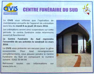 mars 2016 - Communiqué CIVIS - Centre funéraire du Sud - Maintenance annuelle de l'appareil de crémation