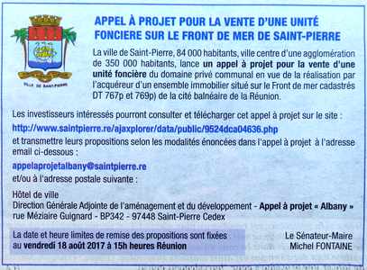 19 mai 2017 - St-Pierre - Appel à projet pour la vente d'une unité foncière sur le front de mer