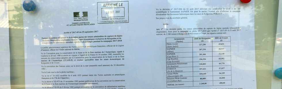 1er octobre 2017 - St-Pierre - TAAF - Arrêté du 29 septembre 2017 - Quota de légines